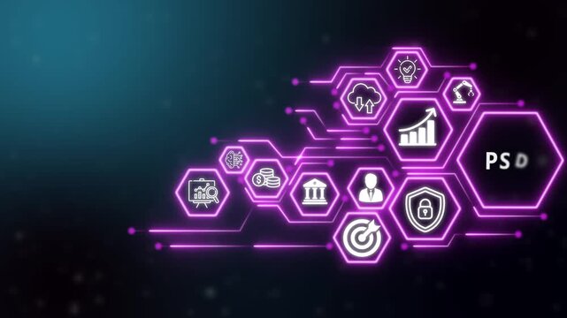 PSD 2 business and technology icons concept. Modern Technology, Internet and social media icons on drank background. 4K video animation