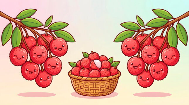 Cute cartoon lychee fruit illustration with red berries and green leaves in a basket