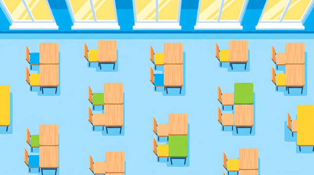 Top view of classroom interior with rows of desks and chairs for education