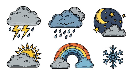 Obraz premium Weather icons with sun, clouds, and precipitation.