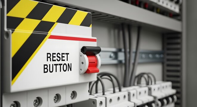 Close-up of Reset Button on Industrial Control Panel with Warning Stripes