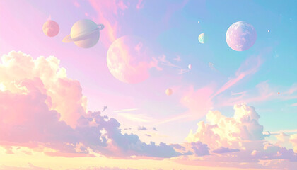 Dreamy pastel sky with planets and clouds