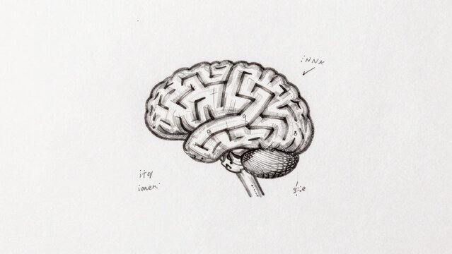 Black-and-white drawing plain light-colored paper detailed sketch-like representation human brain depicted rea