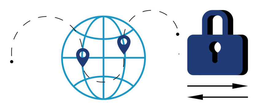 Data security, global connectivity, cybersecurity, location tracking, secure online transfer, network protection. A globe with geolocation markers linked to a padlock and arrows. Data security
