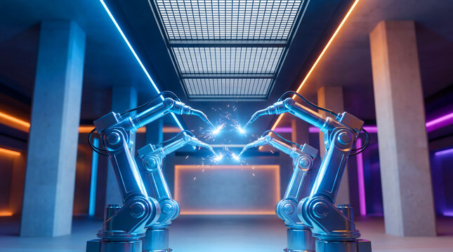 Futuristic industrial robotic arms performing precision tasks in a high-tech factory
