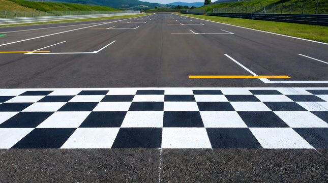 Close up view of black and white checkered finish line on asphalt race track