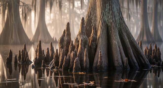 Cypress knees and large tree trunk in misty swamp at sunrise