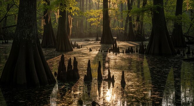 Warm sunlight breaking through a dark cypress swamp forest, reflecting on the still water surface with sharp pointed tree roots.