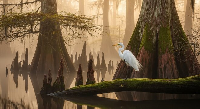 A beautiful white egret bird perched on a mossy fallen log in a foggy swamp surrounded by large cypress tree roots at sunrise.