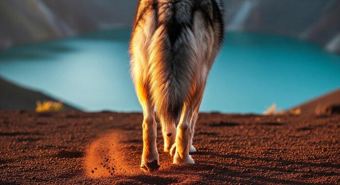 Back view of a wolf walking towards a blue lake
