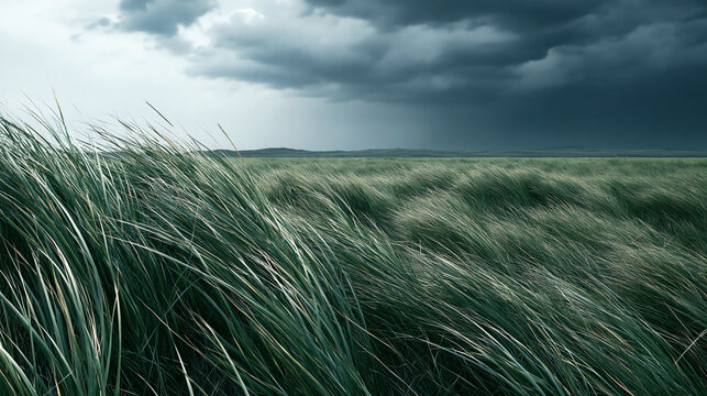 meadow with tall grass swaying in strong pre-storm wind, AI generated