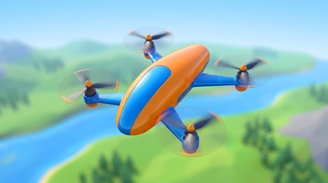 Orange and blue quadcopter drone flying over river valley