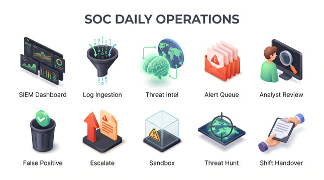 3D Security Operations Center (SOC) Workflow and Analyst Routine Icon Set