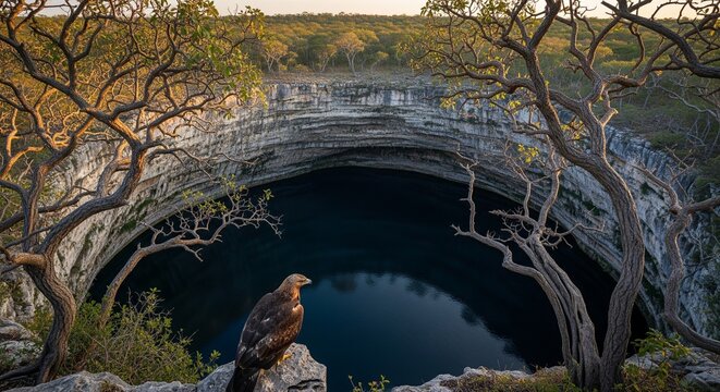 A large brown eagle looking out over a giant round water sinkhole surrounded by dry, twisty trees and rocky cliffs during golden hour light.