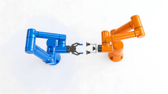 Close-up of blue and orange robotic arms docking end effectors for industrial automation