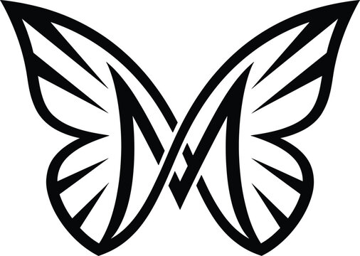 Stylized black butterfly logo design with letter m monogram, modern tribal tattoo style vector illustration