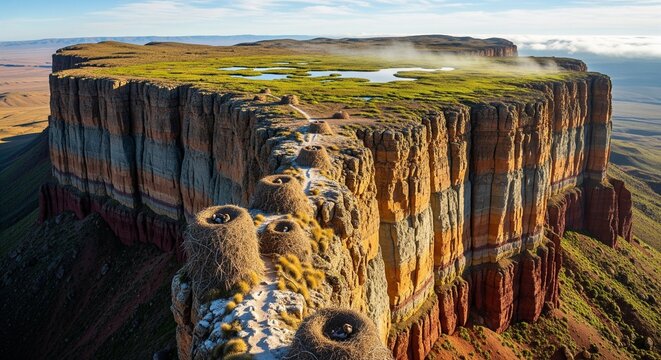 A massive flat-top mountain plateau with steep vertical rock walls, green fields on top, and low clouds rolling over the edge at sunrise
