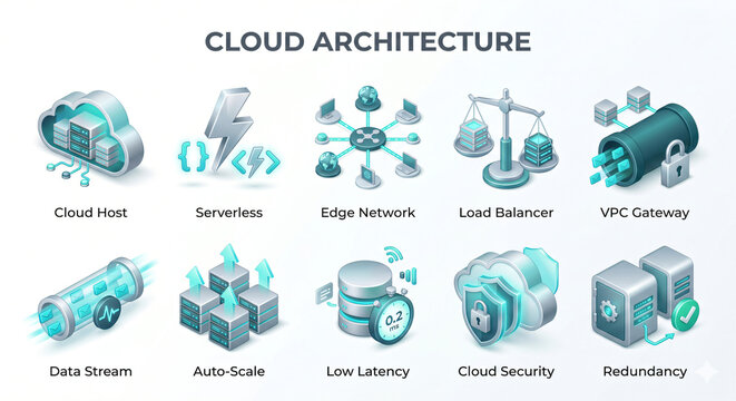 3D Cloud Infrastructure and Serverless Computing Architecture Icon Set