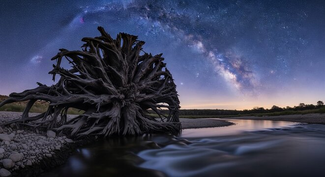 A large old tree root structure or driftwood sitting on a river bank at dusk under a beautiful starry sky with the Milky Way