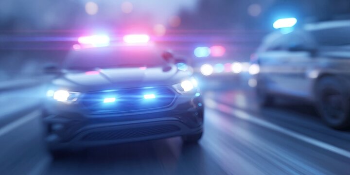 police chase concept with police cruisers on the road as cops swarm