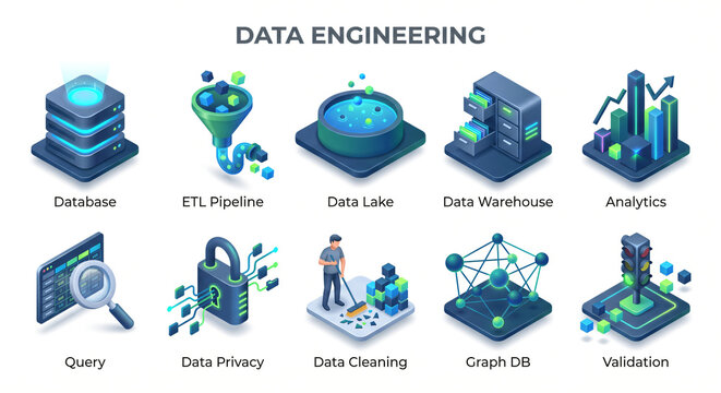 3D Data Engineering, Database Management and ETL Pipeline Icon Set
