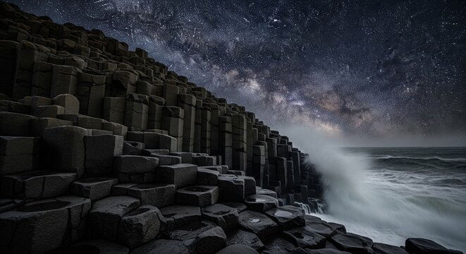 A dramatic night view of the Giant's Causeway with unique hexagonal basalt columns on the coast. Powerful ocean waves crash against the dark rocks under a spectacular starry sky