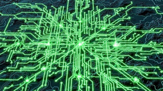 Glowing green circuit board patterns illuminate a dark technological landscape with neon lights and wires.