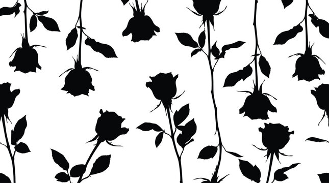 Seamless pattern with black rose silhouettes on white background elegant monochrome floral background with roses, stems and leaves