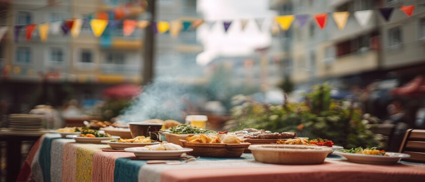 Banquet table with hot food served outdoors during a street festival. Celebration dinner on a long table decorated with festive bunting. Catering at an outdoor festive community event.