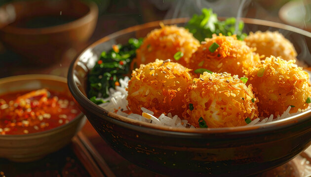 Fried rice balls with green garnish and chili