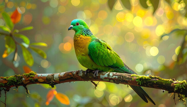 Colorful fruit dove perched on mossy branch
