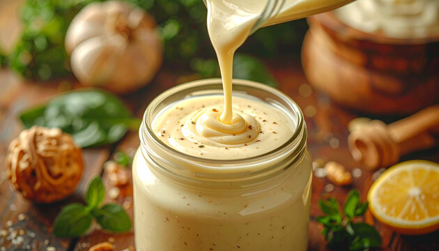 Creamy garlic aioli sauce pouring into jar