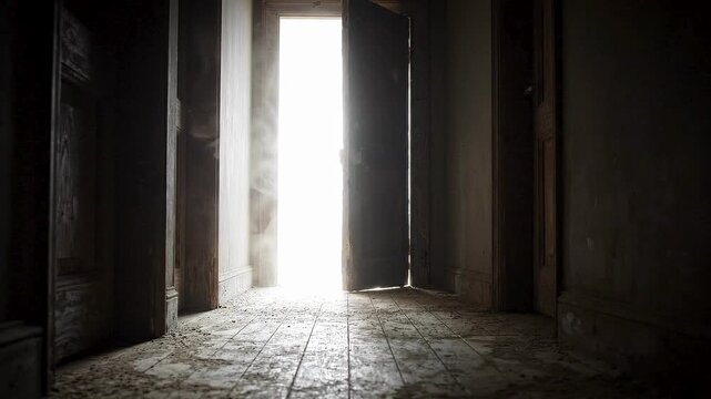 Abandoned room with a bright light shining through an open door revealing dilapidated interior
