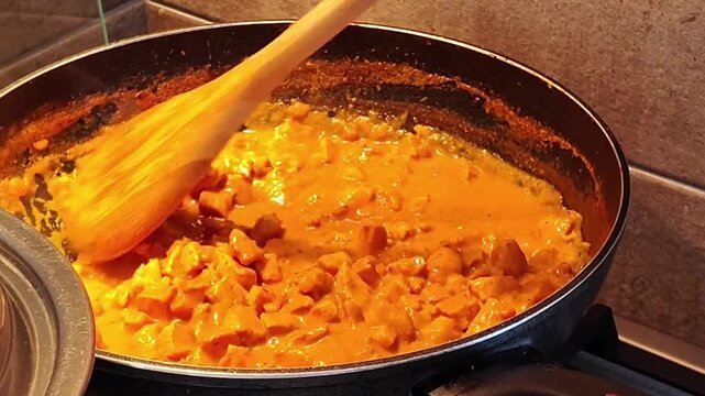 Video in fixed camera, high angle three-quarter shot; a spoon stirring curry chicken cooking in a kitchen 