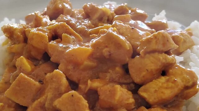 Video in close-up shot, fixed camera; a plate of curry chicken with rice freshly served