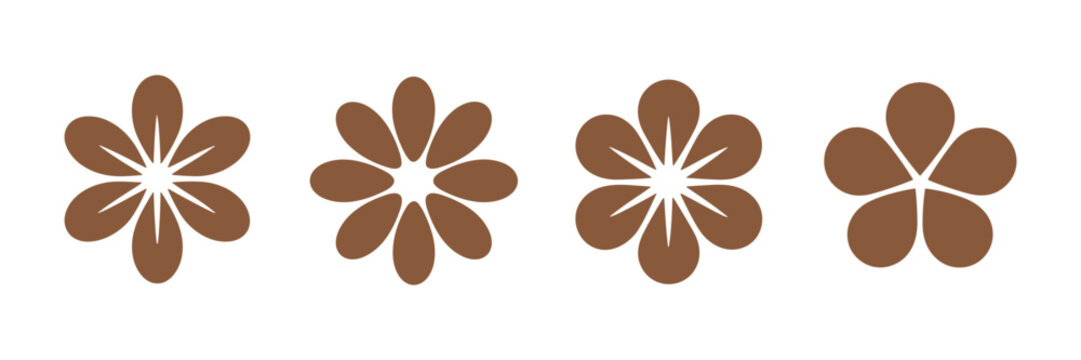 Set of four brown floral icons with different petal counts