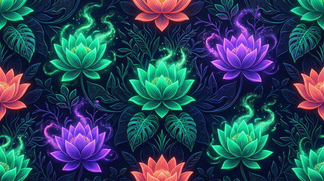 Vibrant neon lotus flower seamless pattern with tropical leaves on dark background