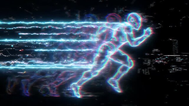 Futuristic Neon Runner with RGB Glitch Effect - A vibrant, holographic runner figure, outlined in neon lights with prominent RGB distortion, dashes across a dark, abstract background.