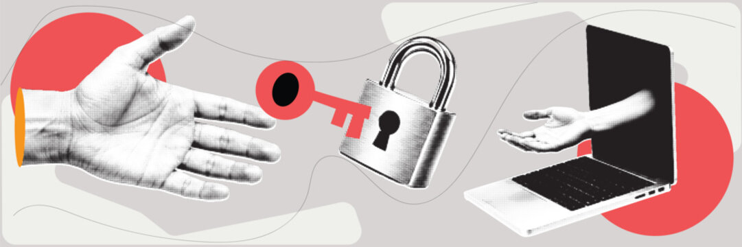 Halftone Collage with Hand Giving Security Key and Padlock. Laptop with Reaching Hand. Cybersecurity and Data Protection Concept in Retro Pop Art Style