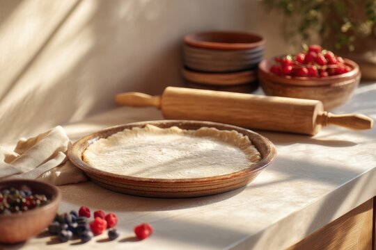 Raw pie crust in ceramic dish with wooden rolling pin on kitchen counter. Cooking process of berry tart. Homemade dessert preparation, rustic bakery background, natural morning light.