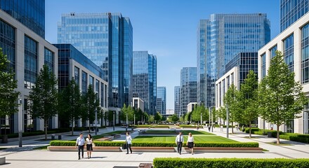 Modern corporate district with glass office buildings and people walking in a landscaped plaza on a sunny day