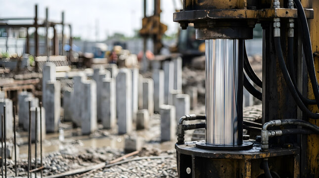 Hydraulic cylinder of a heavy drilling rig at a construction site with concrete piles in the background