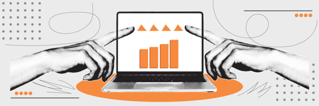 Halftone Collage with Hands Pointing at Laptop Growth Chart. Business Analytics and Financial Performance Concept in Retro Pop Art Style