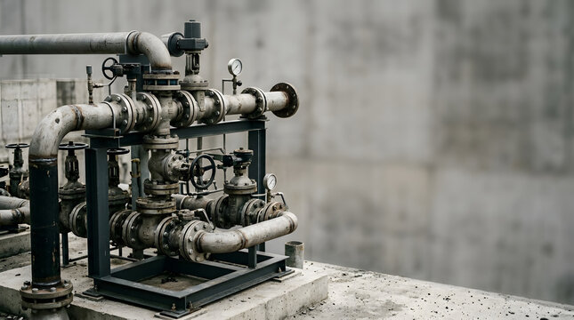 Industrial pipes and valves assembly with pressure gauges and metal flanges in a factory or utility facility against a weathered concrete wall.