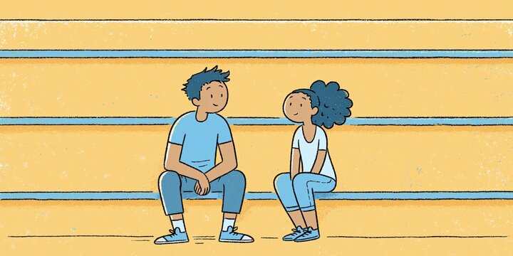 cartoon animation of two people (man and woman) talking on bleachers while seated alone