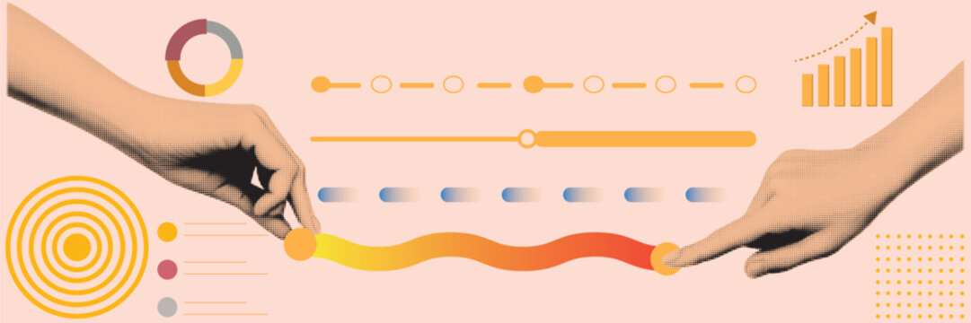 Halftone Collage with Hands Adjusting Progress Wave and Business Analytics Dashboard. Data Visualization and Growth Strategy Concept in Retro Pop Art Style