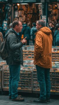 Strangers Discussing Books at Outdoor Market