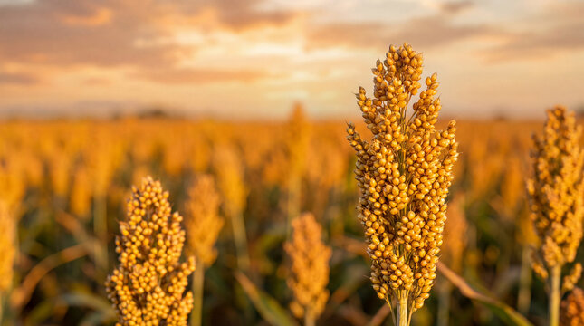 Close-up of sorghum grain in a vast field glowing under a golden sunset. Perfect for agriculture and food themes
