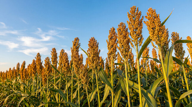 Golden sorghum field thrives under a clear blue sky, showcasing abundant grain ready for harvest