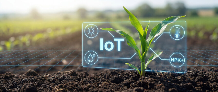 IoT smart farming concept showing a young plant with digital monitoring for precision agriculture, optimizing growth